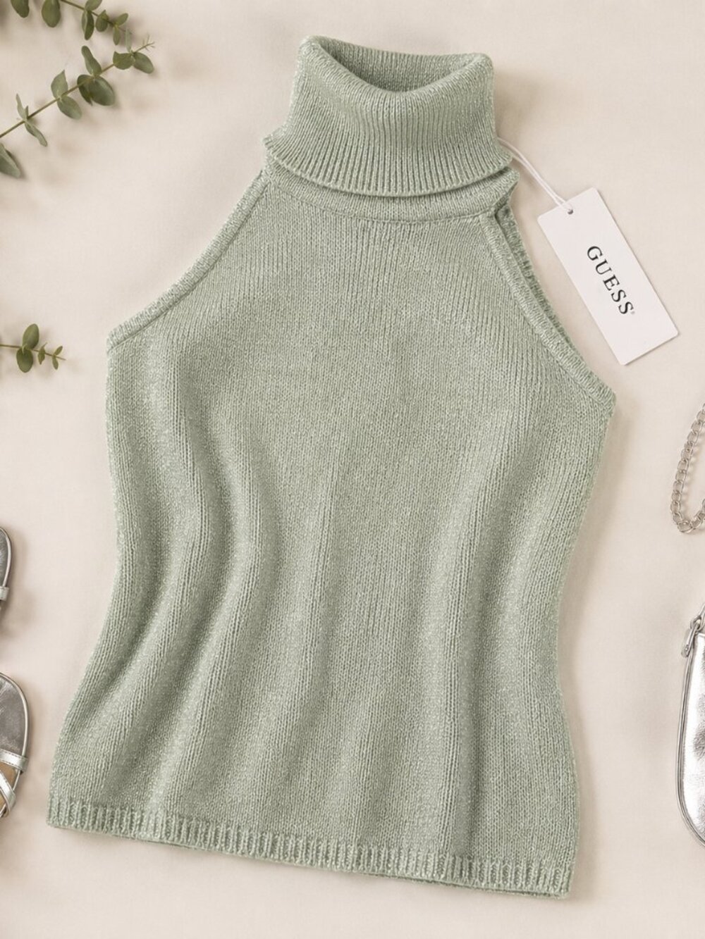 NWT Guess Metallic Silver Knit Halter Turtleneck Top Medium Y2K Party